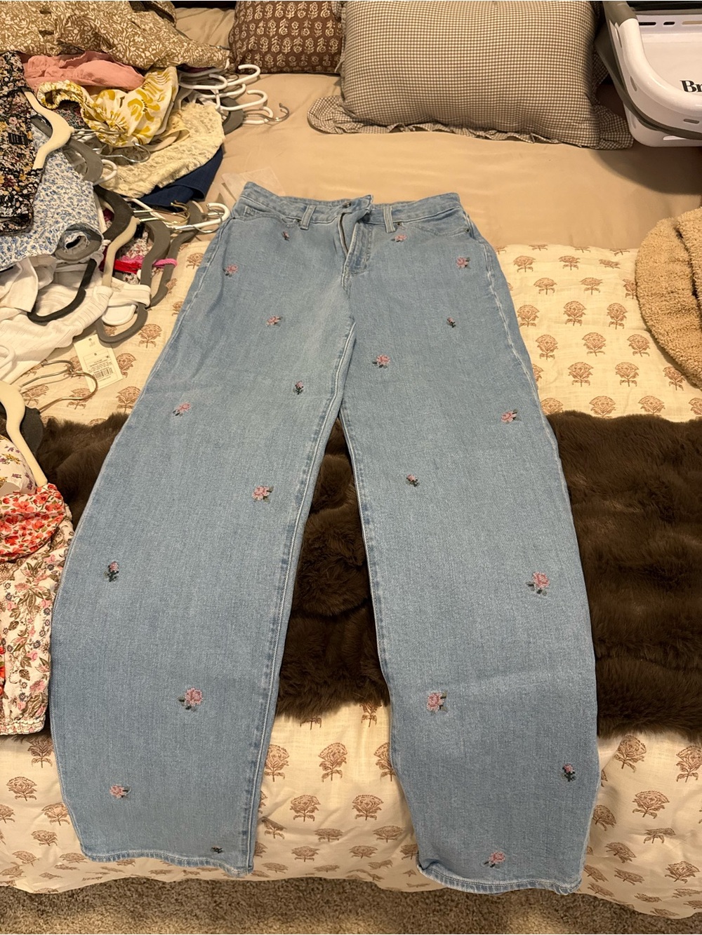 Old Navy Light Blue Denim Jeans with Pink Embroidered Flowers